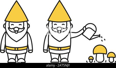 Gnome with a watering can water mushrooms vector illustration Stock Vector