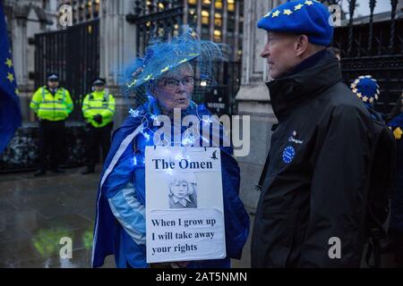London, UK. 30 January, 2020. Pro-EU activists from SODEM (Stand of Defiance European Movement) attend a party outside Parliament on the eve of Brexit Day on the theme of ‘Party like there’s no tomorrow’. Credit: Mark Kerrison/Alamy Live News Stock Photo