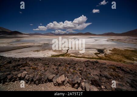 Salar de Talar Lake as seen from Aguas Calientes viewpoint, Ruta 23, Atacama Desert, Antofagasta, Chile Stock Photo