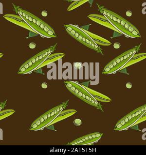 Seamless pattern with green peas on a dark background in vintage style Stock Vector
