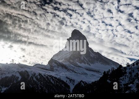 view of Matterhorn through hotel window in Zermatt Stock Photo