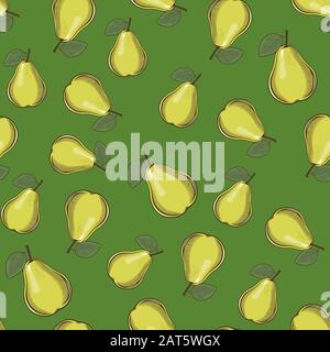 Seamless pattern with pears on a green background in vintage style Stock Vector