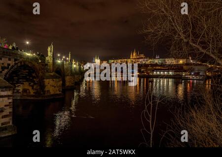 Night view of Charles Bridge and Mala Strana in Prague, Europe. Stock Photo