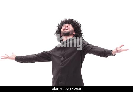 in full growth. emotional happy guy in jeans Stock Photo