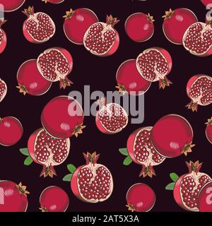 Colored seamless pattern with pomegranates on a dark background in vintage style Stock Vector