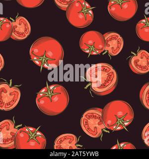 Seamless pattern with red tomatoes on a dark background in vintage style Stock Vector