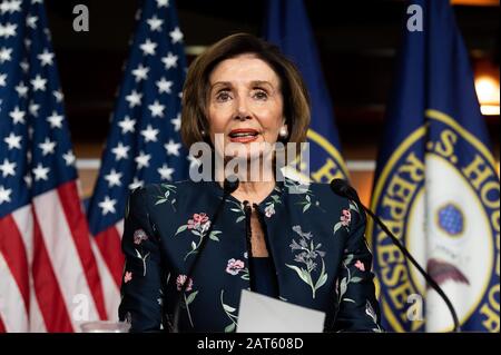 January 30, 2020 - Washington, DC, United States: U.S. Representative Nancy Pelosi (D-CA) speaking at a press conference. (Photo by Michael Brochstein/Sipa USA) Stock Photo