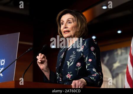 January 30, 2020 - Washington, DC, United States: U.S. Representative Nancy Pelosi (D-CA) speaking at a press conference. (Photo by Michael Brochstein/Sipa USA) Stock Photo