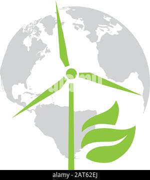 wind turbine, green leaves and planet Earth Stock Vector