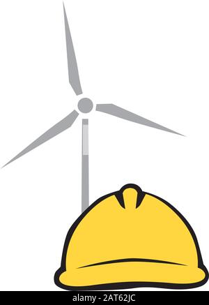 yellow hard hat with wind turbine in behind Stock Vector