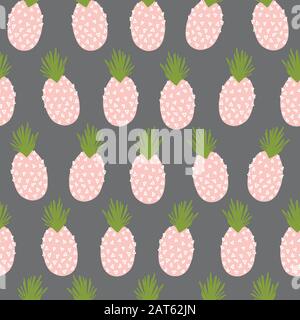 Pineapples abstract seamless vector background. Repeating pink, grey, green tropical summer pattern. Hand drawn exotic fruit isolated cartoon doodle Stock Vector