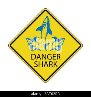 Danger Shark Zone. Beware of Sharks. Yellow Square Warning Sign. Dangerous Sea Life. Swim at Own Risk. High Risk Area Stock Vector