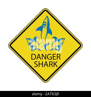 Danger Shark Zone. Beware of Sharks. Yellow Square Warning Sign. Dangerous Sea Life. Swim at Own Risk. High Risk Area Stock Photo