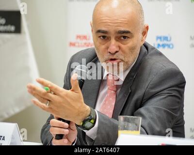 Gabriel Quijandria Acosta Peruvian Deputy Minister of Environment, gives a press conference to the foreign journalists accredited in Peru Stock Photo