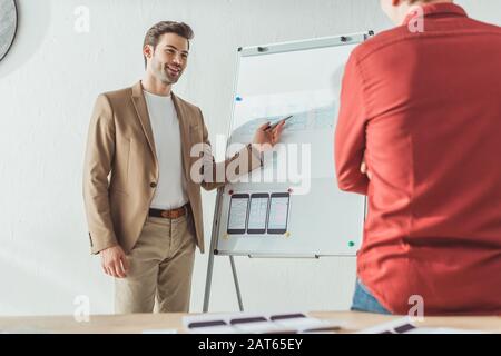 Selective focus of smiling designer developing ux website sketches on whiteboard with colleague in office Stock Photo