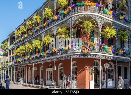 New Orleans French Quarter balcony during Mardi Gras 2020 season, LaBranche House at corner of Royal Street and St. Peter, New Orleans, Louisiana. Stock Photo