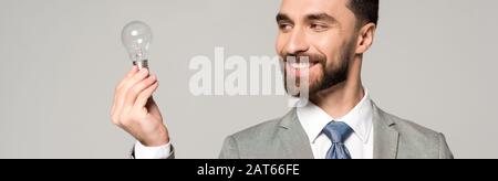 panoramic shot of smiling businessman holding light bulb isolated on grey Stock Photo
