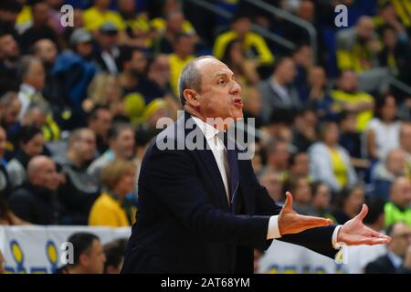 ISTANBUL / TURKEY - JANUARY 24, 2020: Coach Ettore Messina during EuroLeague 2019-20 Round 21 basketball game between Fenerbahce and Olimpia Milano at Ulker Sports Arena. Stock Photo