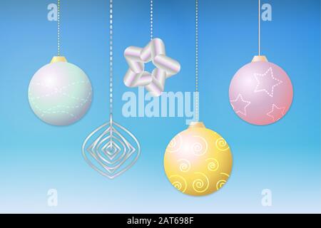 New year christmas holidays celebration vector decoration set bright colorful with balls, star, snowflake modern style Stock Vector