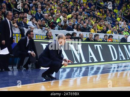 ISTANBUL / TURKEY - JANUARY 24, 2020: Coach Ettore Messina during EuroLeague 2019-20 Round 21 basketball game between Fenerbahce and Olimpia Milano at Ulker Sports Arena. Stock Photo