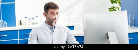 panoramic shot of molecular nutritionist looking at computer in lab Stock Photo