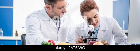 panoramic shot of smiling molecular nutritionist using microscope and her colleague looking at her Stock Photo