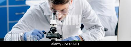 panoramic shot of molecular nutritionist using microscope in lab Stock Photo