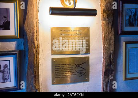 plaque commemorating the discovery of DNA by Francis Crick & James Watson inside the The Eagle Cambridge Stock Photo