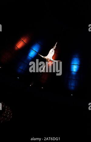 handsome acrobat performing upside down on pole in arena of circus Stock Photo