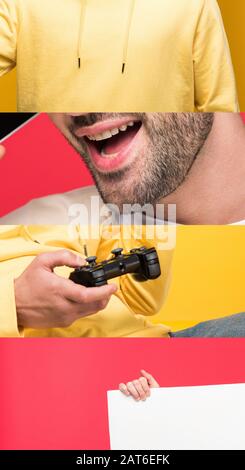 KYIV, UKRAINE - APRIL 12, 2019: collage of smiling man in yellow hoodie holding joystick and placard isolated on red and yellow Stock Photo