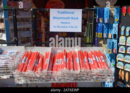 Sticks of Weymouth rock for sale in Weymouth, Dorset, UK Stock Photo