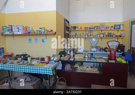 Mock-up second world war era shop in Nothe Fort museum, Weymouth, Dorset, UK, full of produce from the period Stock Photo