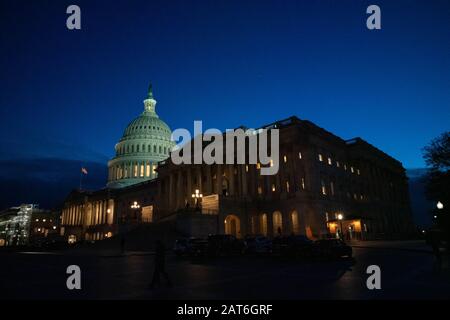 Washington, United States. 30th Jan, 2020. The U.S. Capitol at sunset during impeachment trial in Washington, DC on Thursday, January 30, 2020. Trump is facing two articles of impeachment; abuse of power and obstruction of congress. Photo by Ken Cedeno/UPI Credit: UPI/Alamy Live News Stock Photo