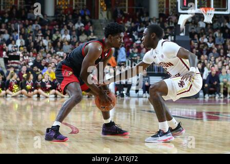 Conte Forum. 29th Jan, 2020. MA, USA; Boston College Eagles guard Jay Heath (5) defends Louisville Cardinals guard Darius Perry (2) during the NCAA basketball game between Louisville Cardinals and Boston College Eagles at Conte Forum. Anthony Nesmith/CSM/Alamy Live News Stock Photo