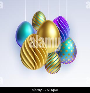 Set of different 3D realistic, shiny, golden, holographic Easter eggs isolated on white background. Vector illustration Stock Vector