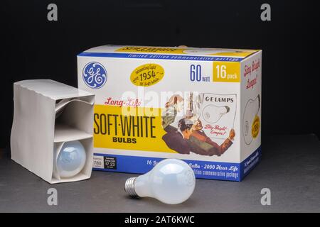 Box of incandescent light bulbs on dark background Stock Photo