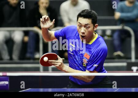 Magdeburg, Germany. 30th Jan, 2020. Xu Xin of China returns the ball during the men's singles round of 32 match against An Jaehyun of South Korea at the 2020 ITTF World Tour Platinum German Open in Magdeburg, Germany, on Jan. 30, 2020. Credit: Zhang Ping/Xinhua/Alamy Live News Stock Photo