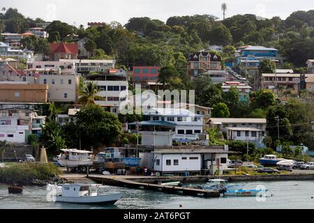 Houses on the waterfront, Scarborough, Tobago, Trinidad and Tobago Stock Photo