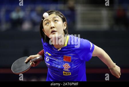 Magdeburg, Germany. 30th Jan, 2020. Chen Meng of China serves during the women's singles round of 32 match against Suh Hyowon of South Korea at the 2020 ITTF World Tour Platinum German Open in Magdeburg, Germany, on Jan. 30, 2020. Credit: Zhang Ping/Xinhua/Alamy Live News Stock Photo