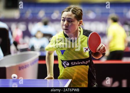 Magdeburg, Germany. 30th Jan, 2020. Choi Hyojoo of South Korea serves during the women's singles round of 32 match against Wang Manyu of China at the 2020 ITTF World Tour Platinum German Open in Magdeburg, Germany, on Jan. 30, 2020. Credit: Zhang Ping/Xinhua/Alamy Live News Stock Photo