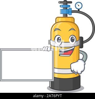 Funny oxygen cylinder cartoon character design style with board Stock Vector