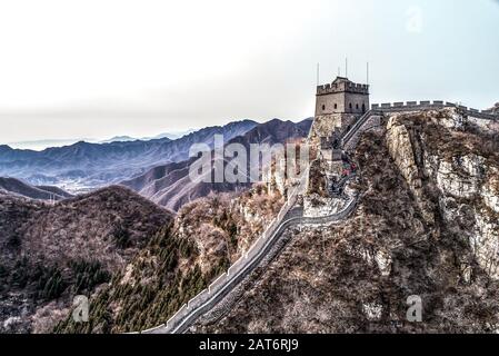 Beautiful winter aerial drone view of Great Wall of China Mutianyu section near Bejing. Stock Photo