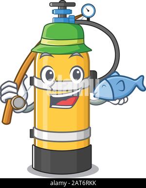 A Picture of happy Fishing oxygen cylinder design Stock Vector