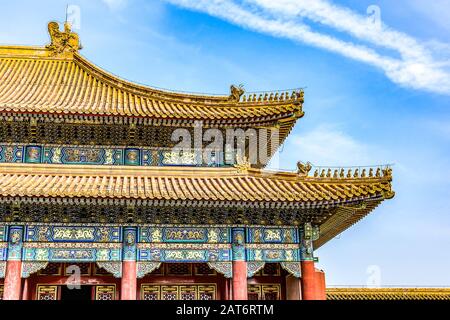 China, Beijing, Forbidden City Different design elements of the colorful buildings rooftops closeup details. Stock Photo