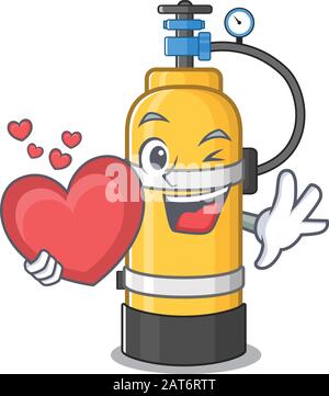 Funny Face oxygen cylinder cartoon character holding a heart Stock Vector