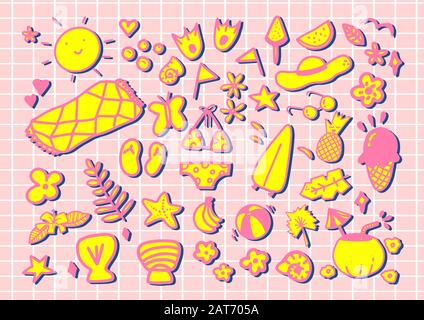 Big summer set yellow and pink colors stickers isolated on textured background. Cute girly elements. Vector illustration in cartoon style. Monochrome Stock Vector