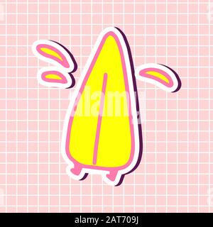 Summer rest. Surfboard in yellow and pink colors sticker isolated on textured background. Travel business logo. Cute girly element. Vector illustratio Stock Vector