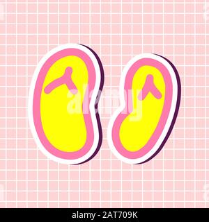 Summer slippers slates in yellow and pink colors sticker isolated on textured background. Cute sign girly element. Vector illustration in cartoon styl Stock Vector
