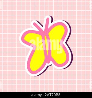 Butterfly summer insect in yellow and pink colors sticker isolated on textured background. Cute sign girly element. Vector single illustration in cart Stock Vector