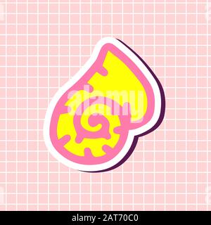 Cute shell yellow and pink colors sticker isolated on textured background. Sign girly element. Vector illustration in cartoon style. Bright clip art i Stock Vector